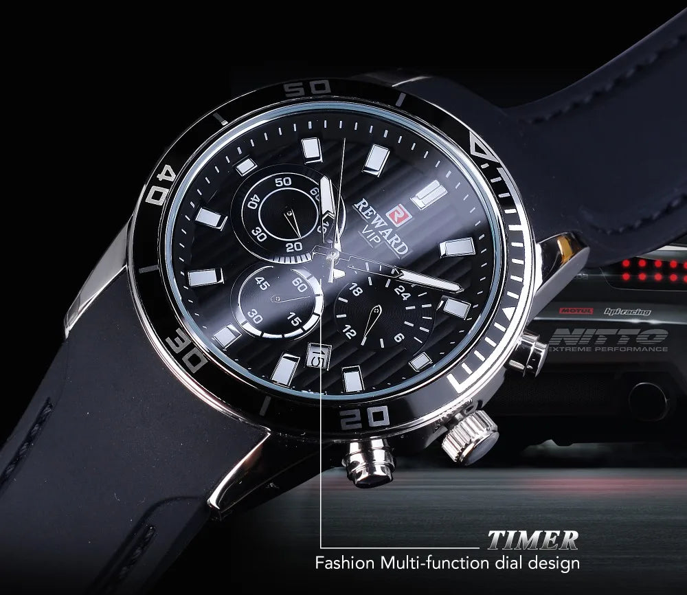 Reward Top Luxury Brand Waterproof Sport Chronograph Quartz Watch Black Date Mens Watches Luminous Hand Silicone Band Wristwatch