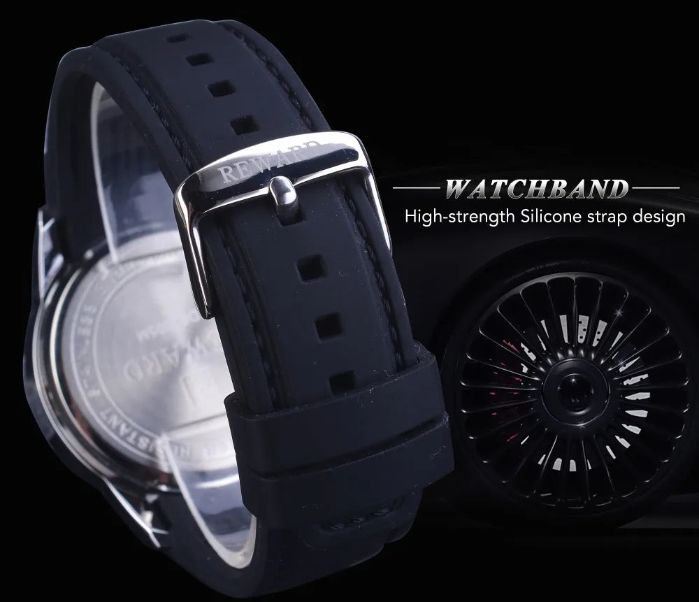 Reward Top Luxury Brand Waterproof Sport Chronograph Quartz Watch Black Date Mens Watches Luminous Hand Silicone Band Wristwatch
