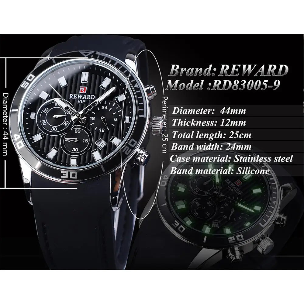 Reward Top Luxury Brand Waterproof Sport Chronograph Quartz Watch Black Date Mens Watches Luminous Hand Silicone Band Wristwatch