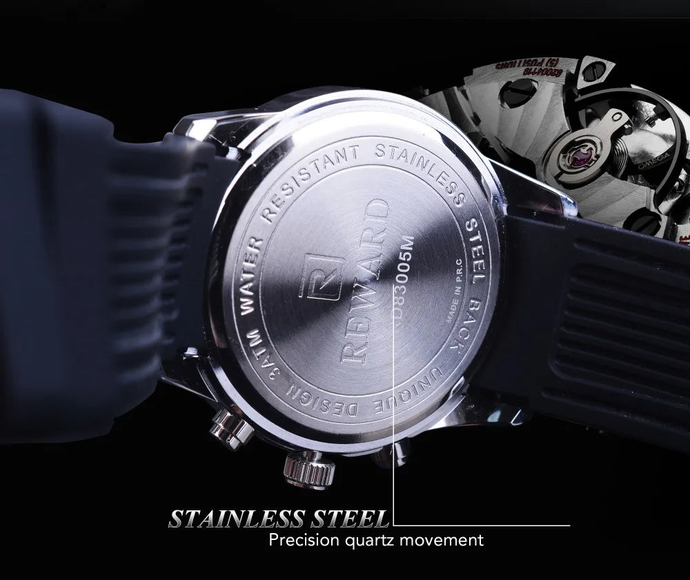 Reward Top Luxury Brand Waterproof Sport Chronograph Quartz Watch Black Date Mens Watches Luminous Hand Silicone Band Wristwatch