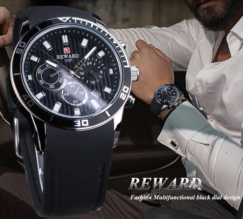 Reward Top Luxury Brand Waterproof Sport Chronograph Quartz Watch Black Date Mens Watches Luminous Hand Silicone Band Wristwatch