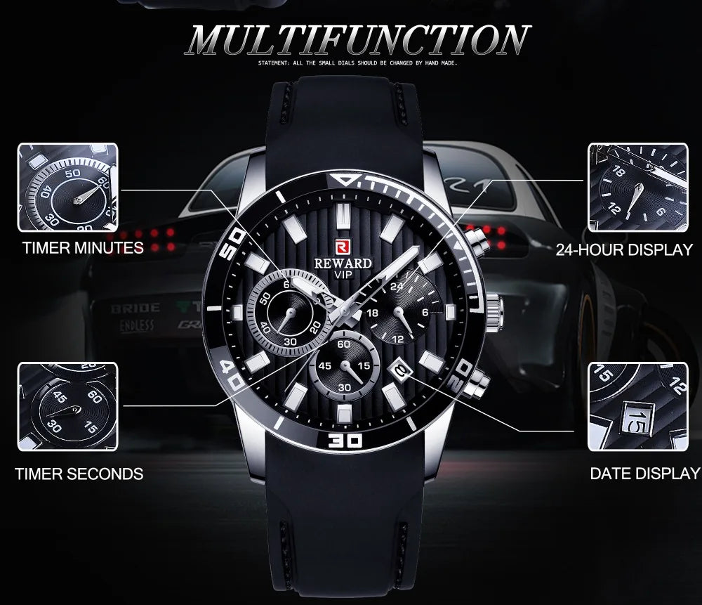 Reward Top Luxury Brand Waterproof Sport Chronograph Quartz Watch Black Date Mens Watches Luminous Hand Silicone Band Wristwatch