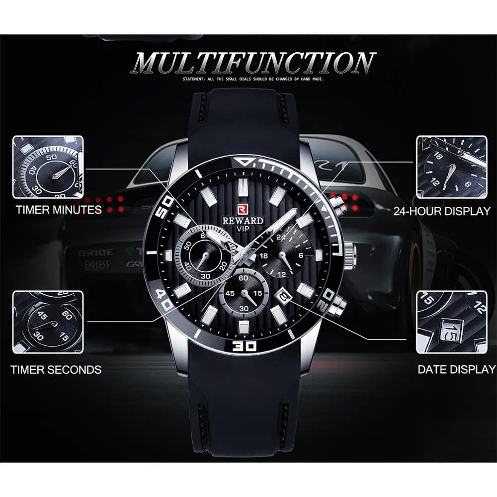 Reward Top Luxury Brand Waterproof Sport Chronograph Quartz Watch Black Date Mens Watches Luminous Hand Silicone Band Wristwatch