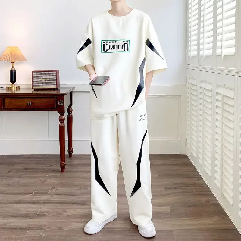Male T Shirt Trousers Sets Smooth Sports Suits Alphabet Men's Pants Set Two-piece Outfits Xl Offer Korean Style Stylish Casual