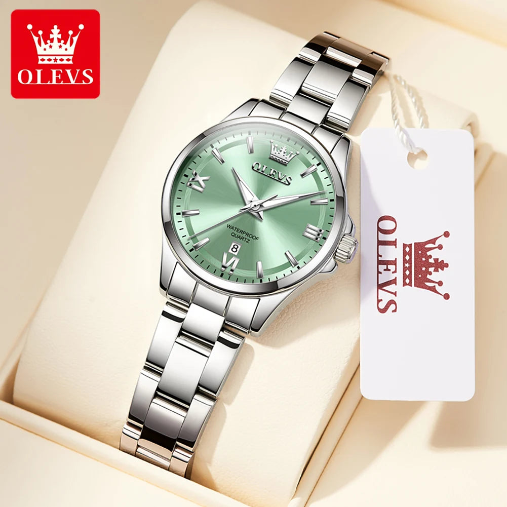 OLEVS 3668 Original Womens Quartz Watch Solid Stainless Steel Waterproof Calendar Ladies Watch Fashion Simple Elegant Wristwatch