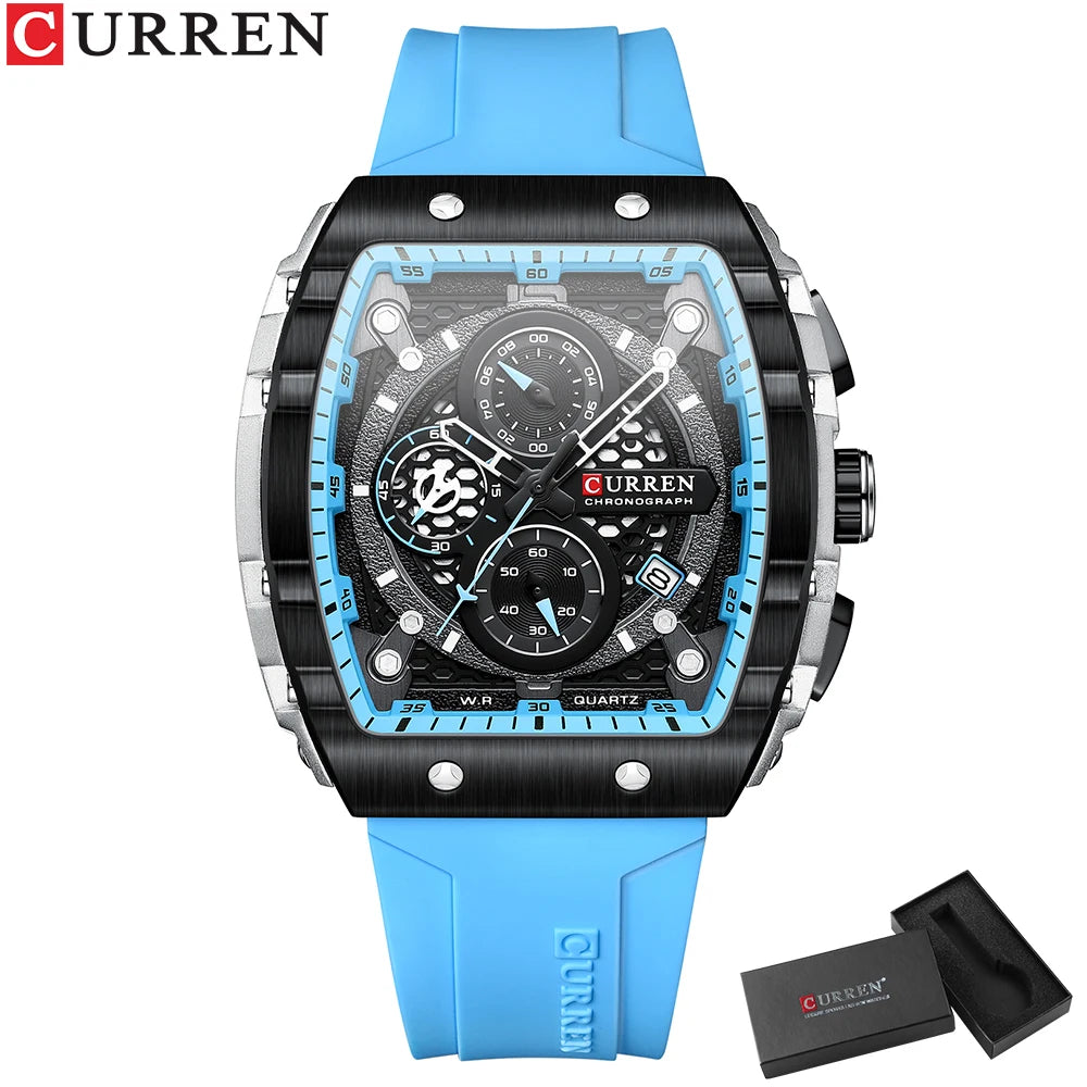 CURREN Sports Unique Rectangular Watches with Large Dial Casual Quartz Silicone Bands Wristwatches with Auto Date