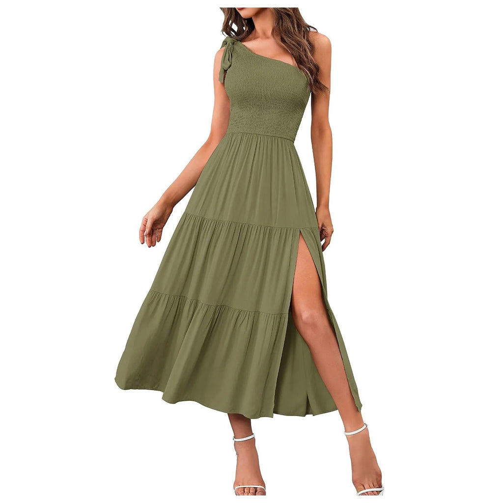 Elegant Dresses For Women Women'S Summer Casual One Shoulder Sleeveless Smocked Elastic Waist Tiered Midi Dress платье