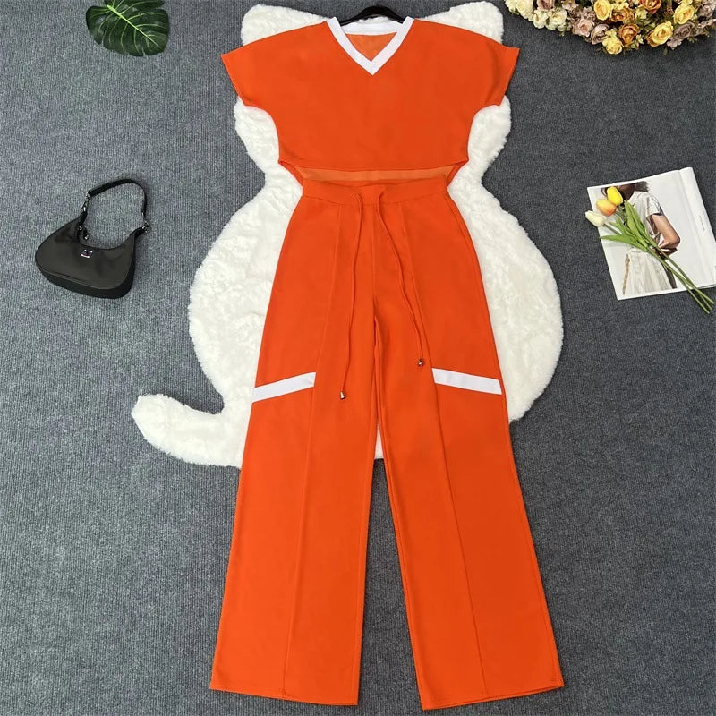 Elegant Women Suit Casual V Neck Short Sleeve T-shirt And Pants Two Piece Sets Summer Fashion Solid Sports Outfit Female
