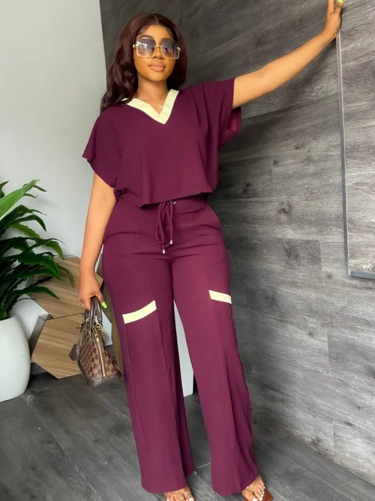 Elegant Women Suit Casual V Neck Short Sleeve T-shirt And Pants Two Piece Sets Summer Fashion Solid Sports Outfit Female