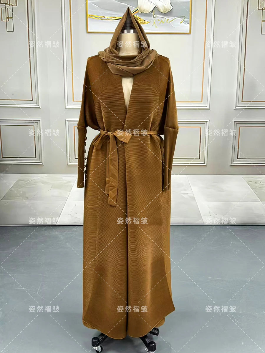 Dubai Prom Pleated Thin Long Coat For Women Elegant Casual Luxury Evening Party Pleated Chiffon Robe Plus Size Female Fashion