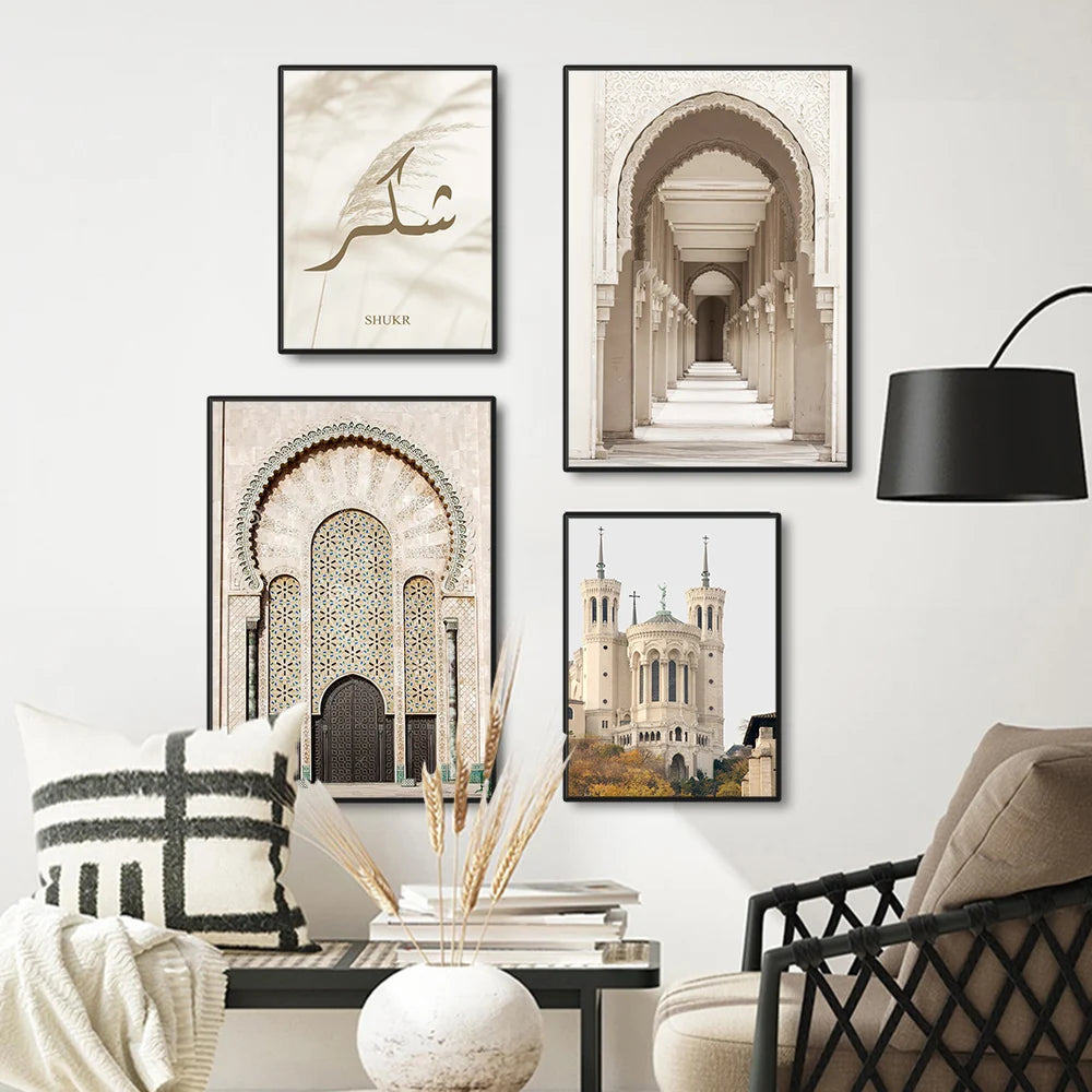 Islamic Beige Landscape Art Poster Prints Mosque Morocco Wall Canvas Painting Bohemia Picture for Living Room Home Decoration