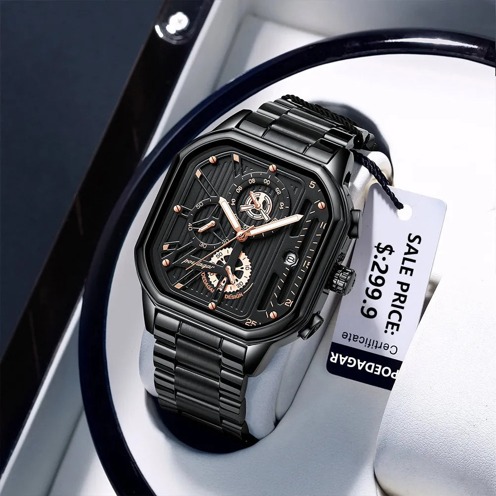 POEDAGAR Luxury Casual Male Watch Fashion Chronograph Stainless Steel Waterproof Luminous Date Military Men's Wristwatches Gifts