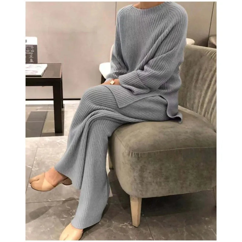 2025 New Women Elegant Sweater Suit Elegant Knitted 2-Pieces Set Spring Autumn Pullover And Trousers Suit Thin Female Outfits