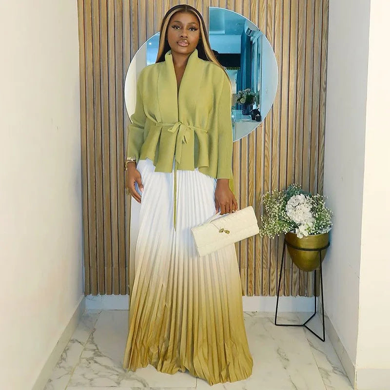 Fashion casual style 2 piece set outfits for women matching sets 2025 new cape shawl style lace up top+pleated skirt maxi dress