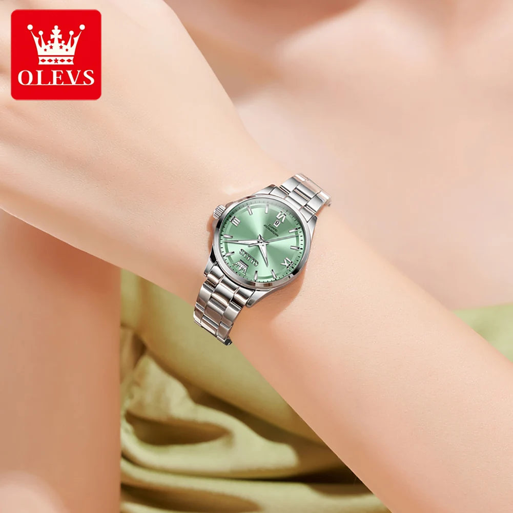 OLEVS 3668 Original Womens Quartz Watch Solid Stainless Steel Waterproof Calendar Ladies Watch Fashion Simple Elegant Wristwatch