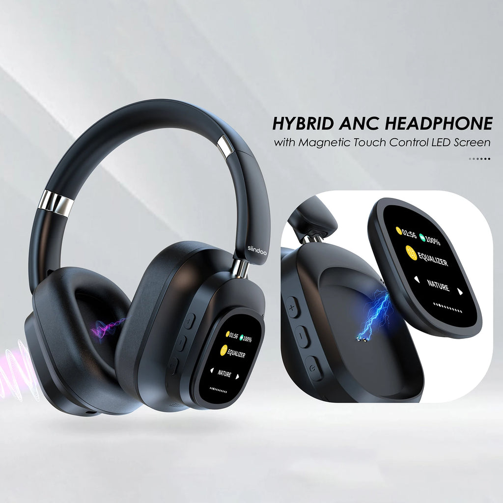Siindoo JH-ANC930Plus Hybrid Wireless Headphone, Active Noise Cancelling Headphones With Multi Magnetic Touch Control LED Screen