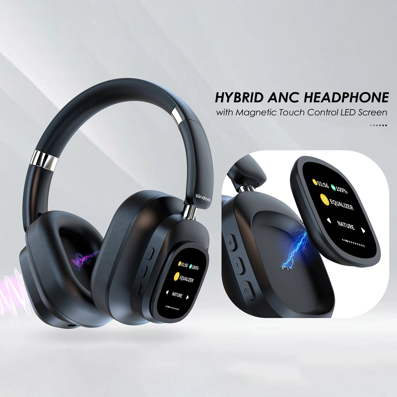 Siindoo JH-ANC930Plus Hybrid Wireless Headphone, Active Noise Cancelling Headphones With Multi Magnetic Touch Control LED Screen