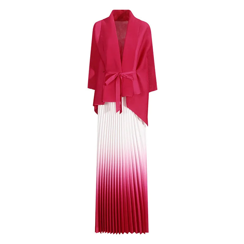 Fashion casual style 2 piece set outfits for women matching sets 2025 new cape shawl style lace up top+pleated skirt maxi dress