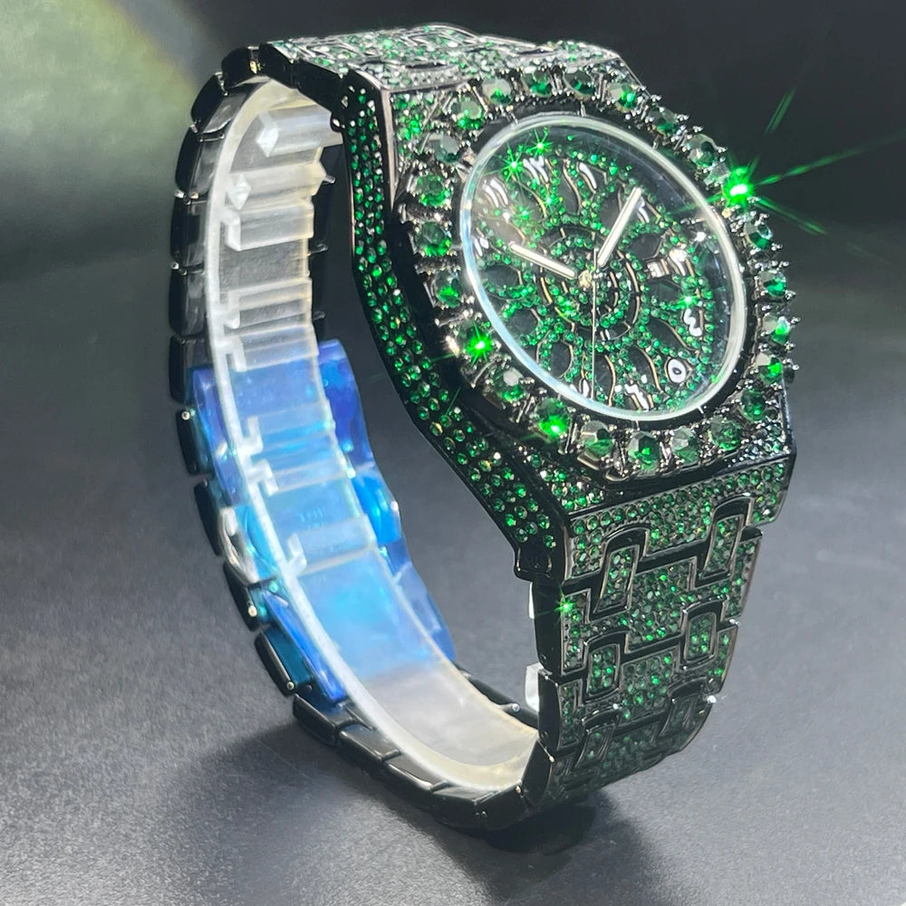 Hip Hop Green Diamond Watche For Men Fashion Automatic Date Quartz Clock Dress Square Iced Jewelry WristWatch Man For Gift