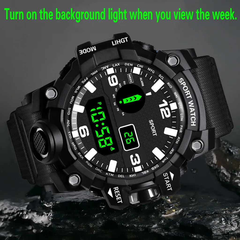 Fashion Men's Watch Sports Electronic Wristwatch Large dial Multifunctional Waterproof Luminous Alarm Kids Male's Military Watch