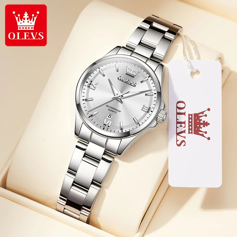 OLEVS 3668 Original Womens Quartz Watch Solid Stainless Steel Waterproof Calendar Ladies Watch Fashion Simple Elegant Wristwatch