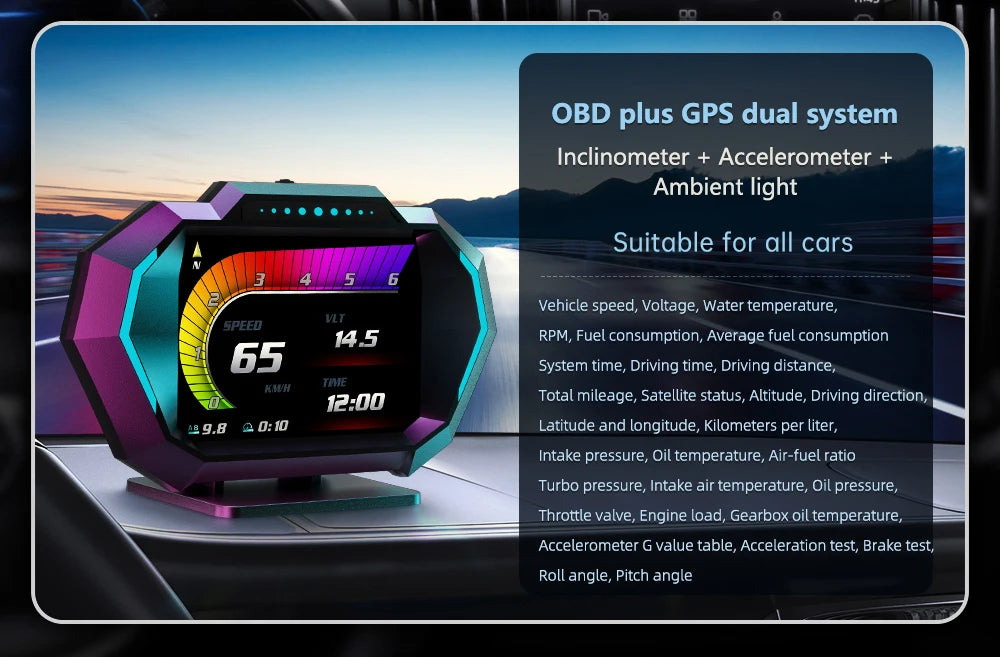P24 OBD2+GPS HUD Car Head Up Display Multi-function Intelligent Car System Speed Meter Digital Screen Inclinometro 4x4 Off Road