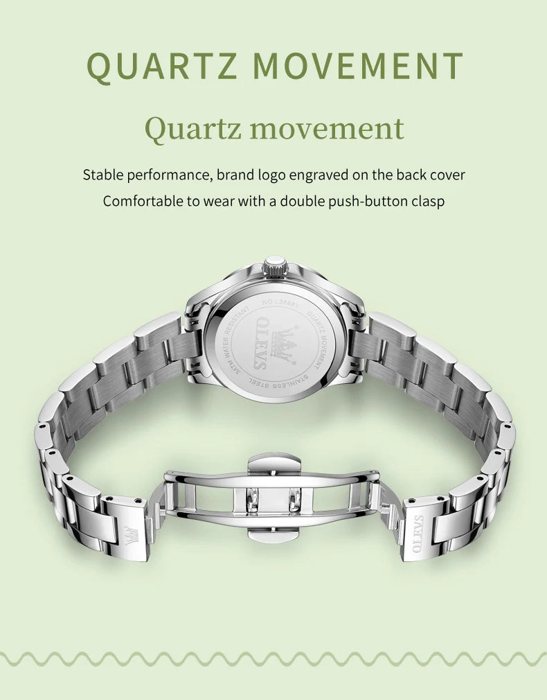 OLEVS 3668 Original Womens Quartz Watch Solid Stainless Steel Waterproof Calendar Ladies Watch Fashion Simple Elegant Wristwatch