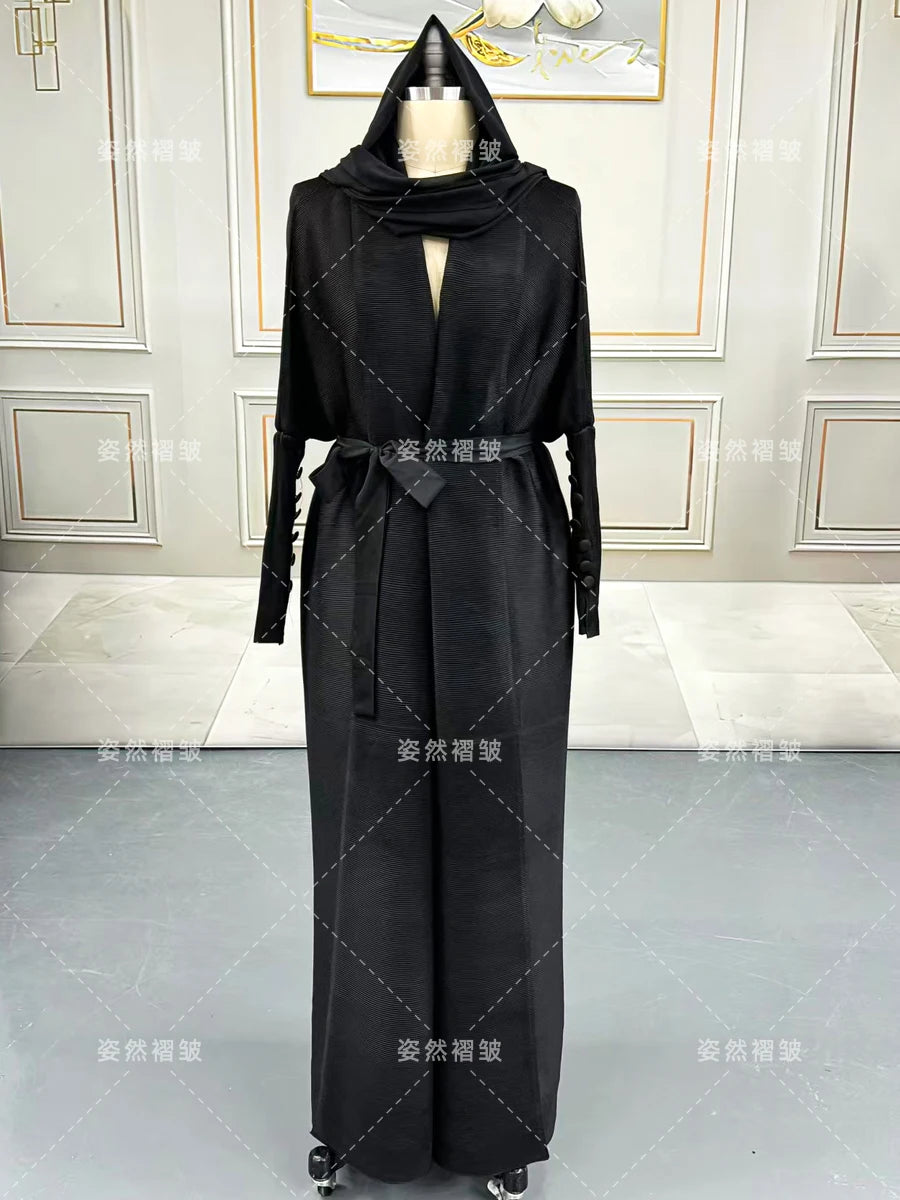Dubai Prom Pleated Thin Long Coat For Women Elegant Casual Luxury Evening Party Pleated Chiffon Robe Plus Size Female Fashion