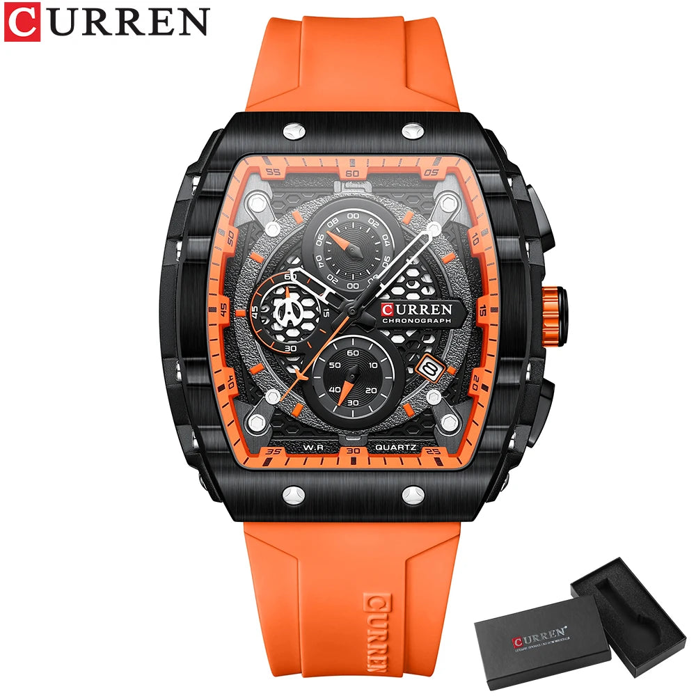 CURREN Sports Unique Rectangular Watches with Large Dial Casual Quartz Silicone Bands Wristwatches with Auto Date