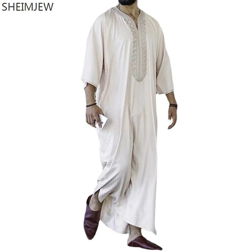 2024 Islamic Clothing For Men Ethnic Loose-fitting Casual Embroidered White Muslim Robe Arabic Kaftan Eid Ramadan Prayer Dress