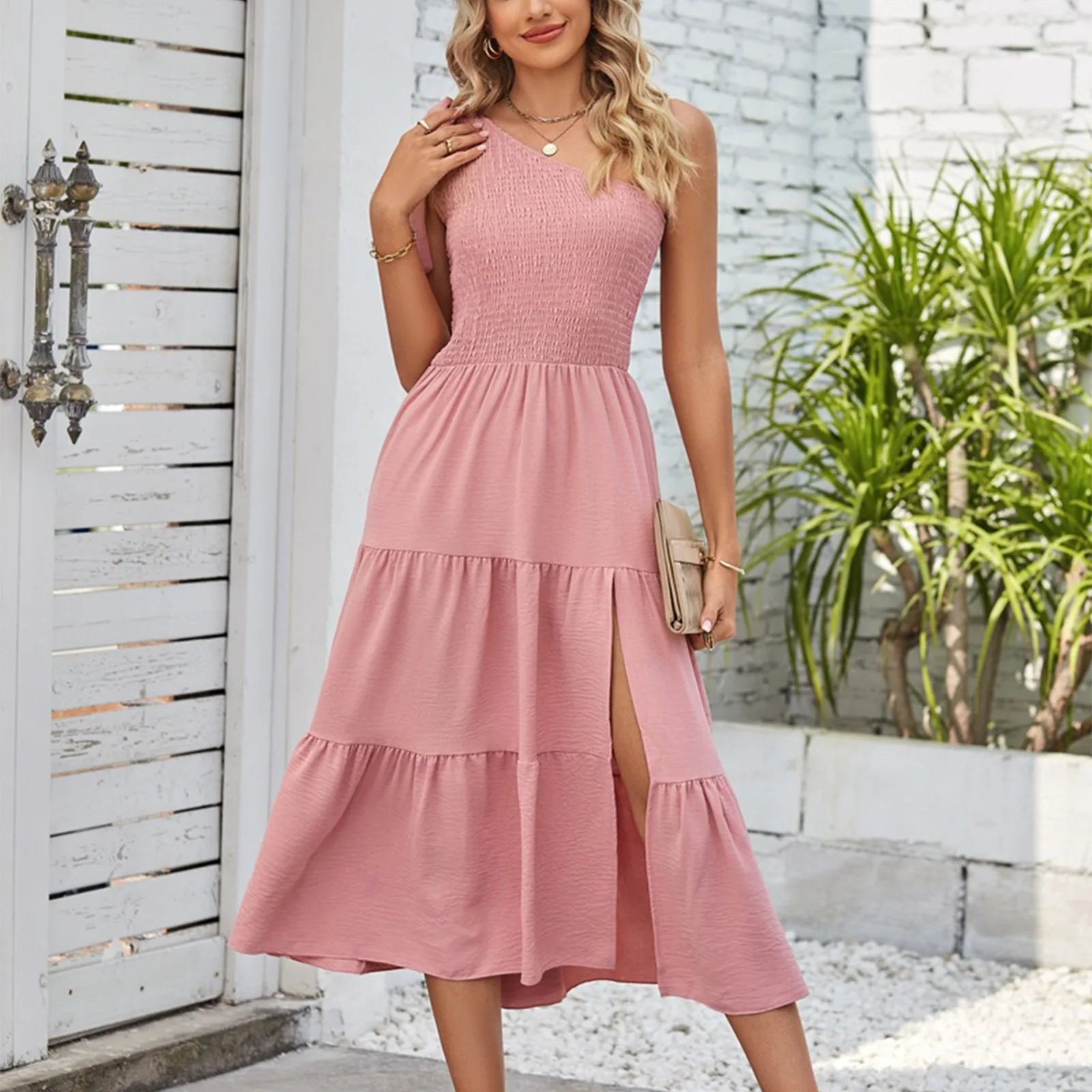 Elegant Dresses For Women Women'S Summer Casual One Shoulder Sleeveless Smocked Elastic Waist Tiered Midi Dress платье