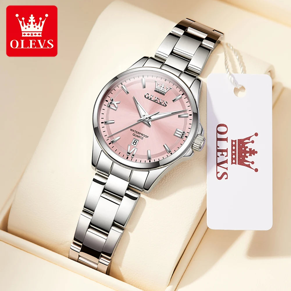 OLEVS 3668 Original Womens Quartz Watch Solid Stainless Steel Waterproof Calendar Ladies Watch Fashion Simple Elegant Wristwatch
