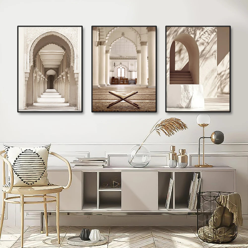 Islamic Beige Landscape Art Poster Prints Mosque Morocco Wall Canvas Painting Bohemia Picture for Living Room Home Decoration