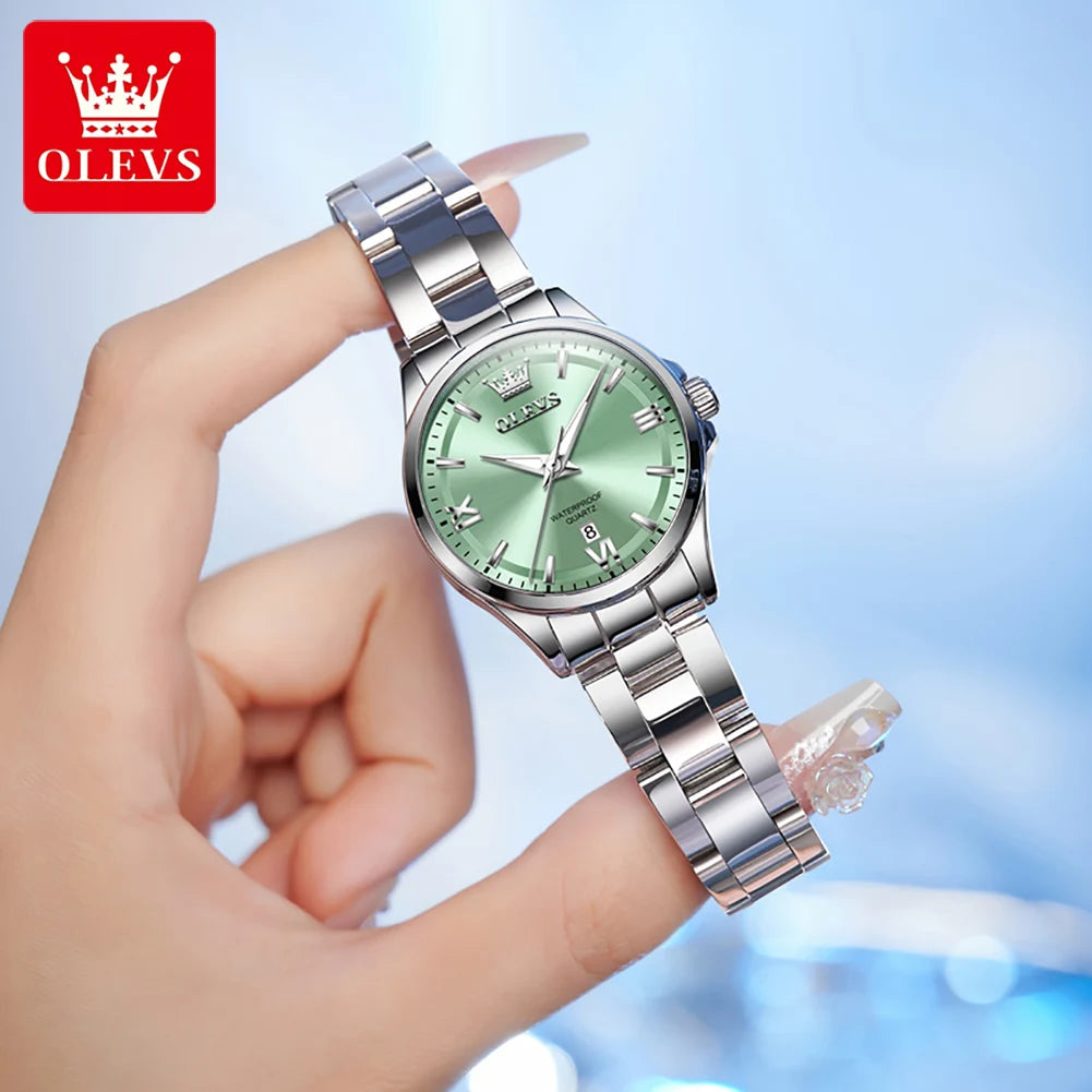 OLEVS 3668 Original Womens Quartz Watch Solid Stainless Steel Waterproof Calendar Ladies Watch Fashion Simple Elegant Wristwatch