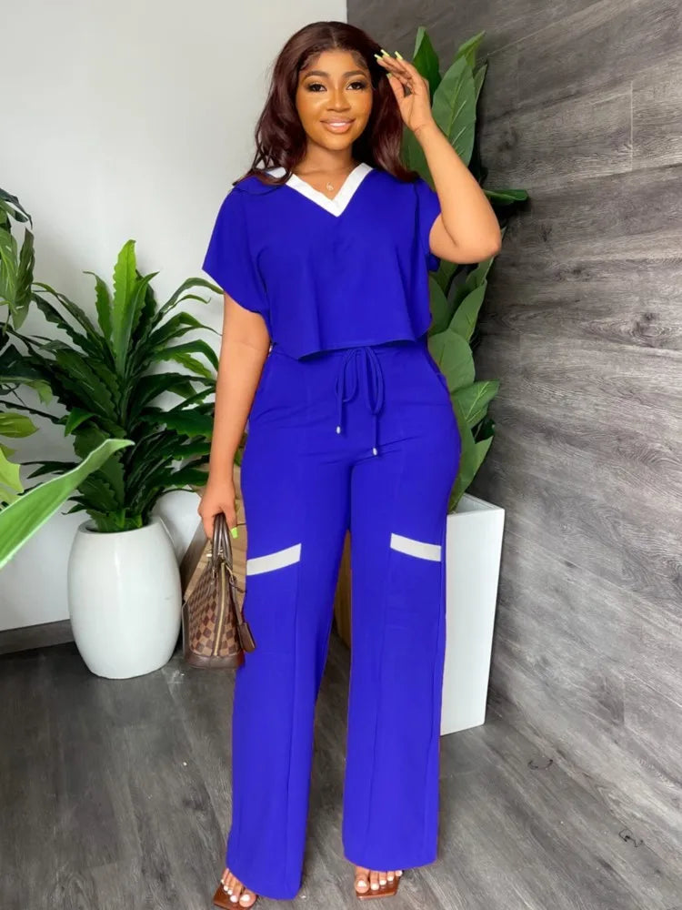 Elegant Women Suit Casual V Neck Short Sleeve T-shirt And Pants Two Piece Sets Summer Fashion Solid Sports Outfit Female