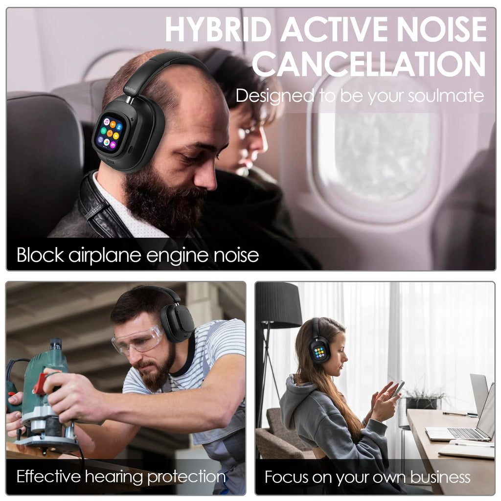 Siindoo JH-ANC930Plus Hybrid Wireless Headphone, Active Noise Cancelling Headphones With Multi Magnetic Touch Control LED Screen