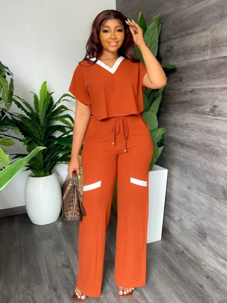 Elegant Women Suit Casual V Neck Short Sleeve T-shirt And Pants Two Piece Sets Summer Fashion Solid Sports Outfit Female