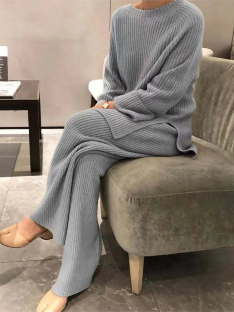2025 New Women Elegant Sweater Suit Elegant Knitted 2-Pieces Set Spring Autumn Pullover And Trousers Suit Thin Female Outfits
