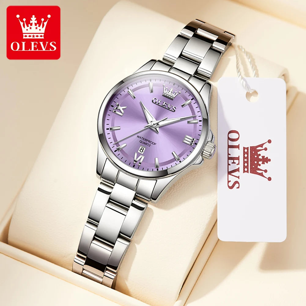 OLEVS 3668 Original Womens Quartz Watch Solid Stainless Steel Waterproof Calendar Ladies Watch Fashion Simple Elegant Wristwatch