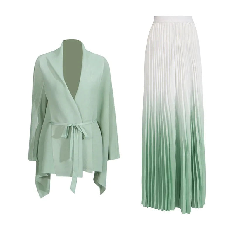 Fashion casual style 2 piece set outfits for women matching sets 2025 new cape shawl style lace up top+pleated skirt maxi dress