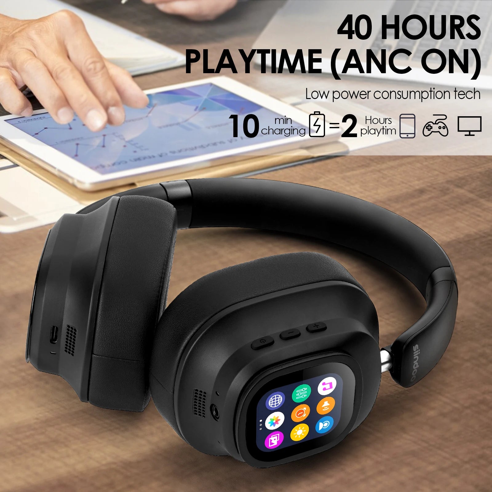 Siindoo JH-ANC930Plus Hybrid Wireless Headphone, Active Noise Cancelling Headphones With Multi Magnetic Touch Control LED Screen