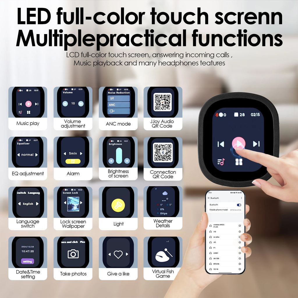 Siindoo JH-ANC930Plus Hybrid Wireless Headphone, Active Noise Cancelling Headphones With Multi Magnetic Touch Control LED Screen