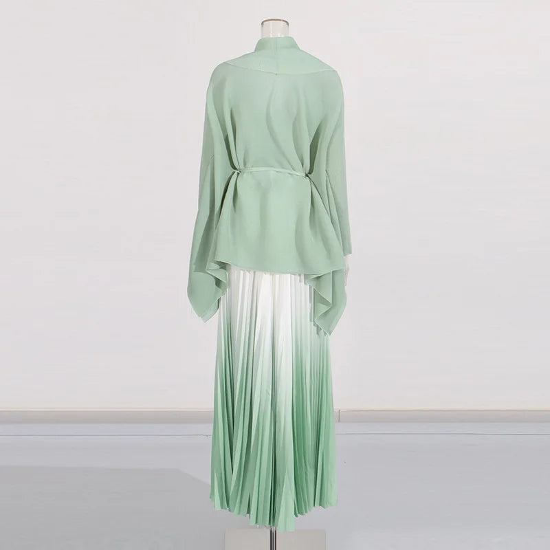 Fashion casual style 2 piece set outfits for women matching sets 2025 new cape shawl style lace up top+pleated skirt maxi dress