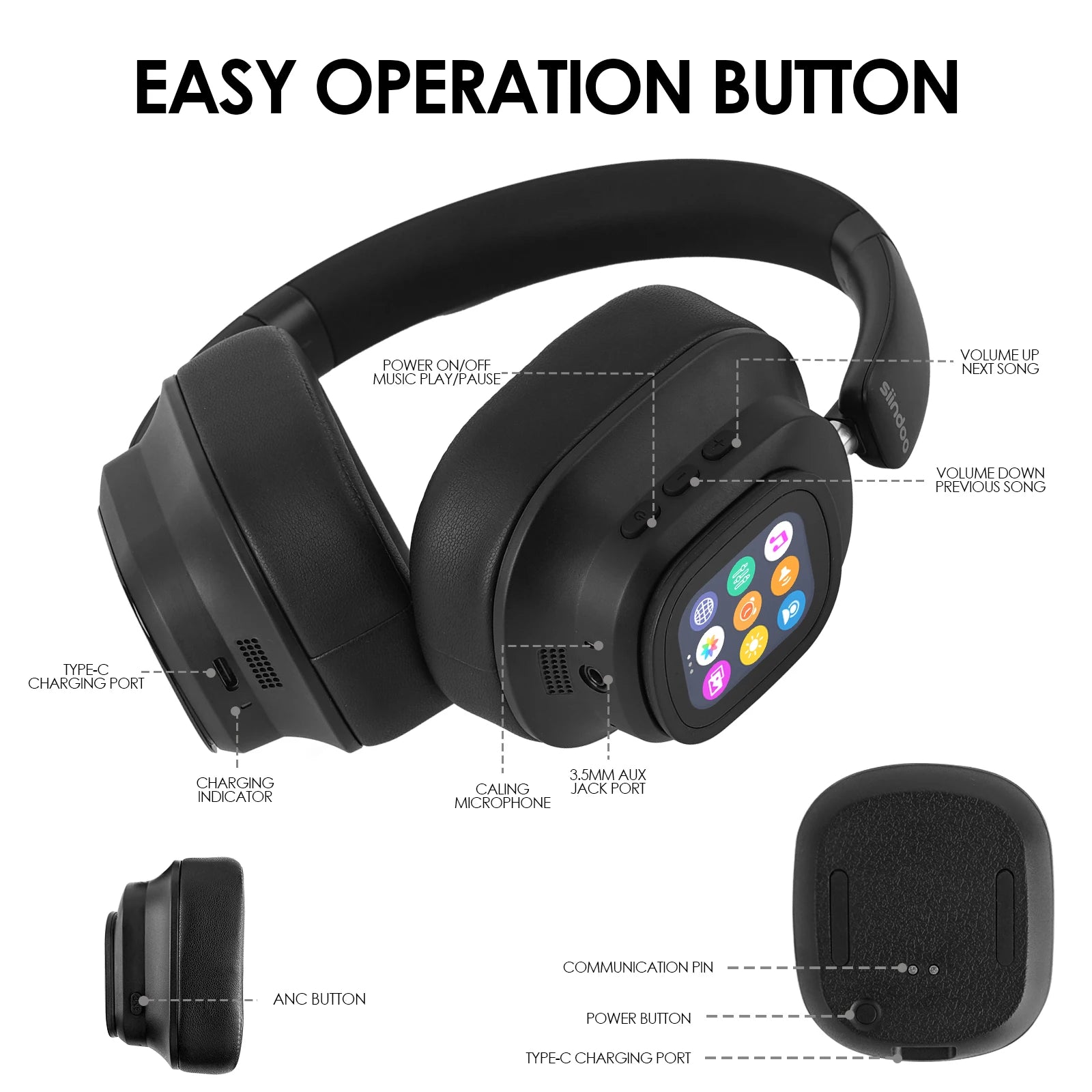 Siindoo JH-ANC930Plus Hybrid Wireless Headphone, Active Noise Cancelling Headphones With Multi Magnetic Touch Control LED Screen