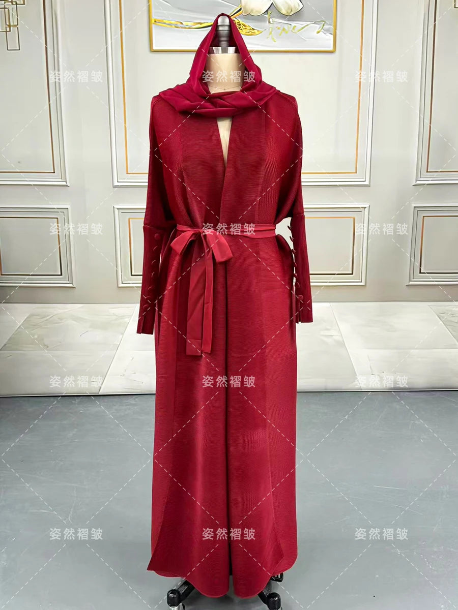 Dubai Prom Pleated Thin Long Coat For Women Elegant Casual Luxury Evening Party Pleated Chiffon Robe Plus Size Female Fashion