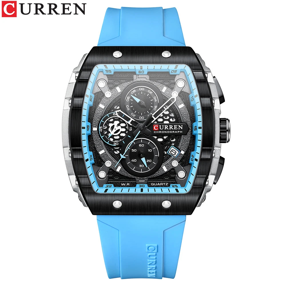 CURREN Sports Unique Rectangular Watches with Large Dial Casual Quartz Silicone Bands Wristwatches with Auto Date