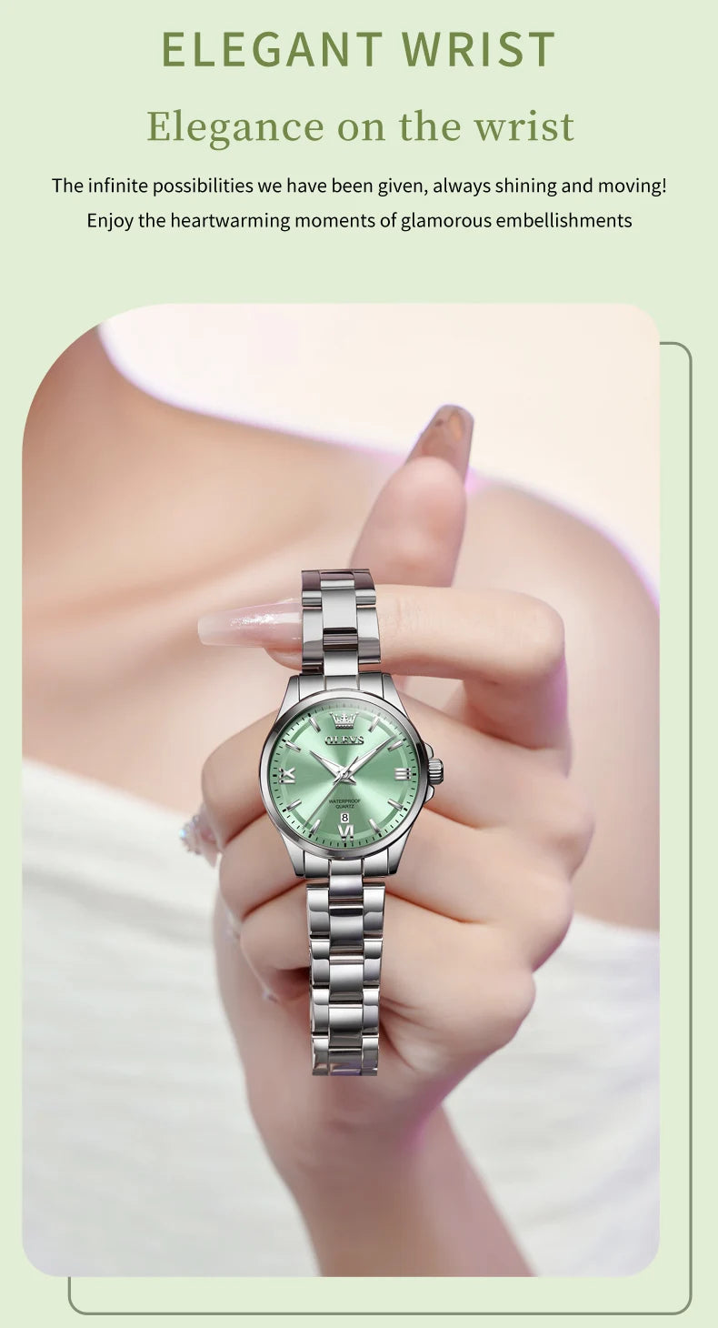 OLEVS 3668 Original Womens Quartz Watch Solid Stainless Steel Waterproof Calendar Ladies Watch Fashion Simple Elegant Wristwatch