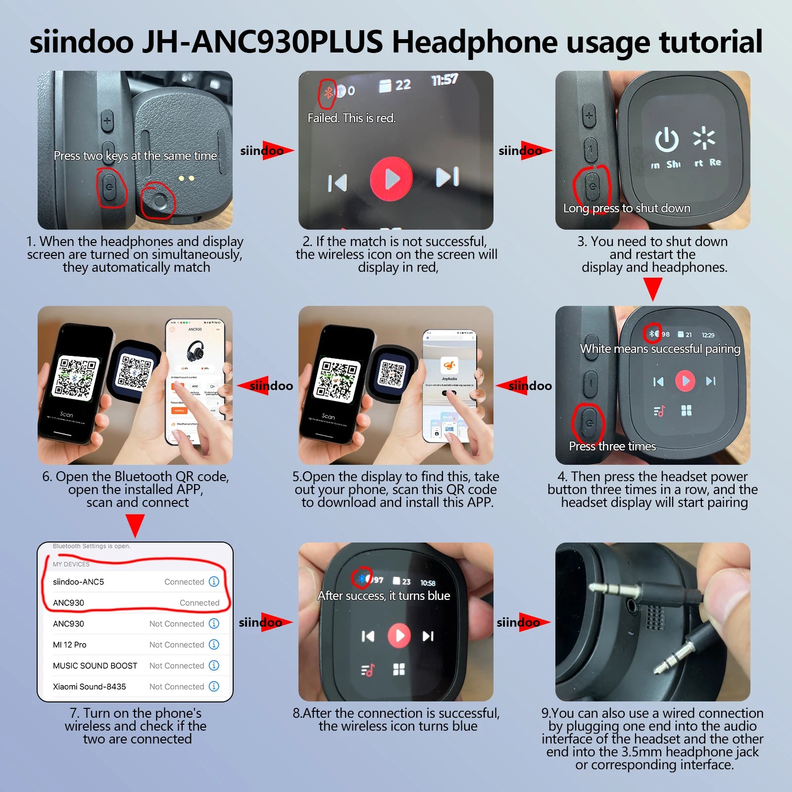 Siindoo JH-ANC930Plus Hybrid Wireless Headphone, Active Noise Cancelling Headphones With Multi Magnetic Touch Control LED Screen