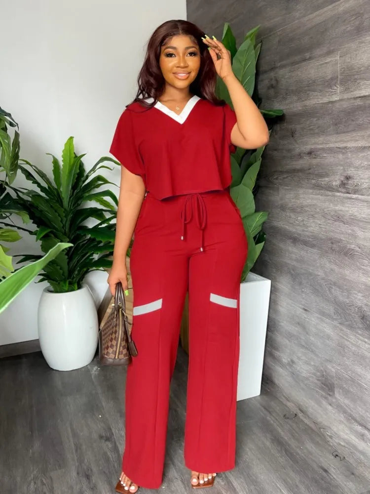 Elegant Women Suit Casual V Neck Short Sleeve T-shirt And Pants Two Piece Sets Summer Fashion Solid Sports Outfit Female