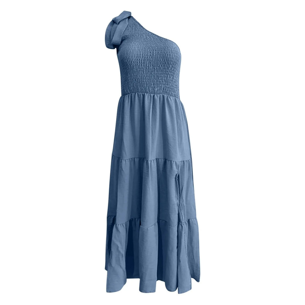 Elegant Dresses For Women Women'S Summer Casual One Shoulder Sleeveless Smocked Elastic Waist Tiered Midi Dress платье